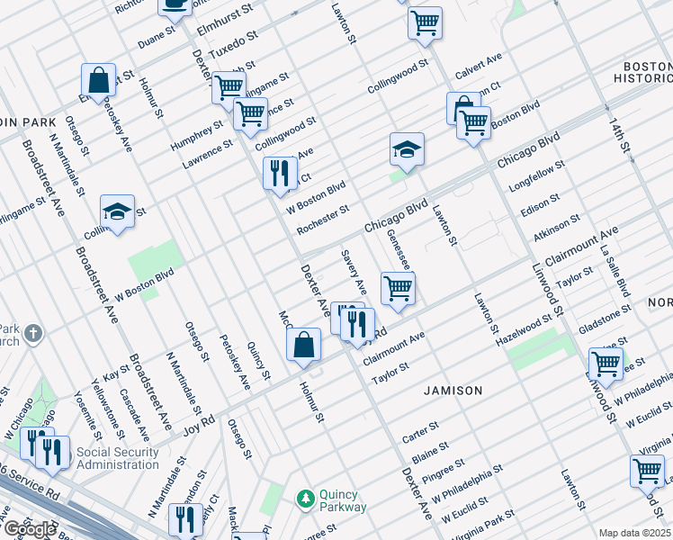 map of restaurants, bars, coffee shops, grocery stores, and more near 3437 Longfellow Street in Detroit