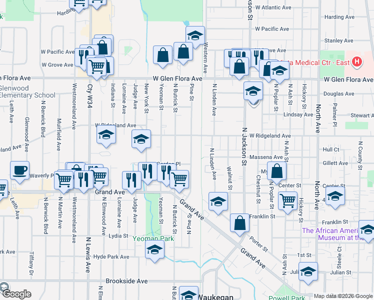 map of restaurants, bars, coffee shops, grocery stores, and more near 1315 West Ridgeland Avenue in Waukegan