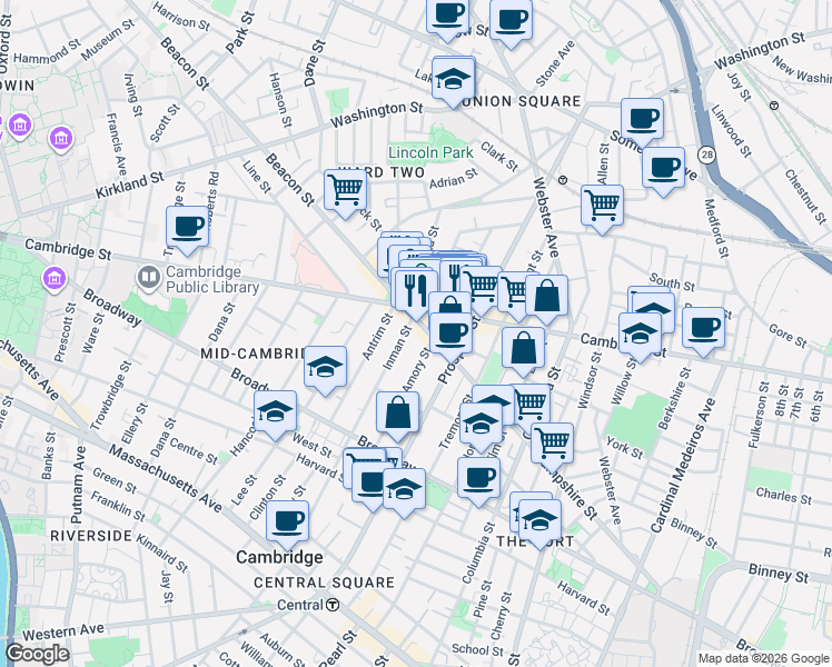 map of restaurants, bars, coffee shops, grocery stores, and more near 126 Inman Street in Cambridge