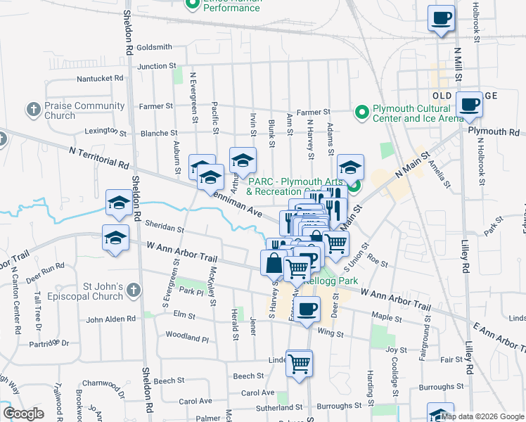 map of restaurants, bars, coffee shops, grocery stores, and more near 1050 Penniman Avenue in Plymouth