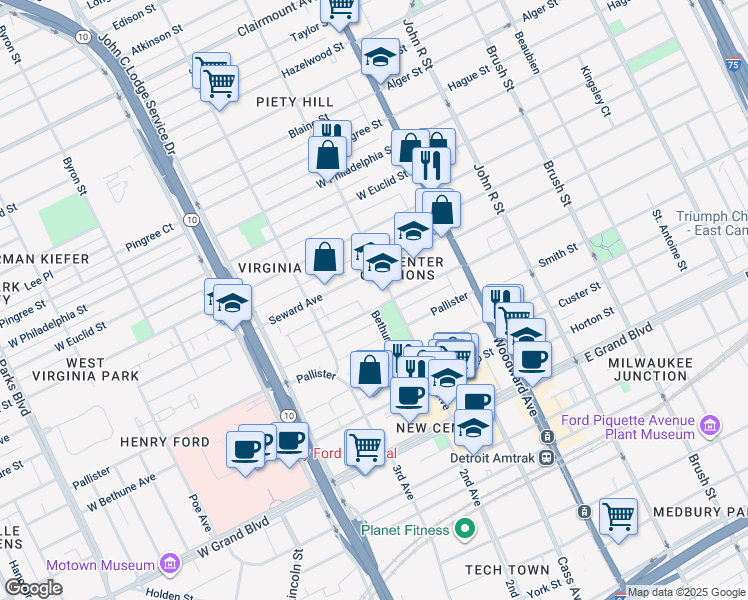 map of restaurants, bars, coffee shops, grocery stores, and more near 628 Delaware Street in Detroit