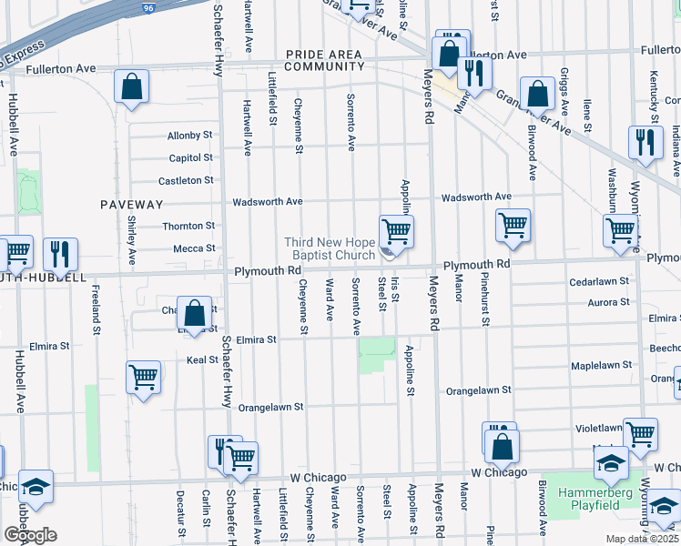 map of restaurants, bars, coffee shops, grocery stores, and more near 13000 Plymouth Road in Detroit