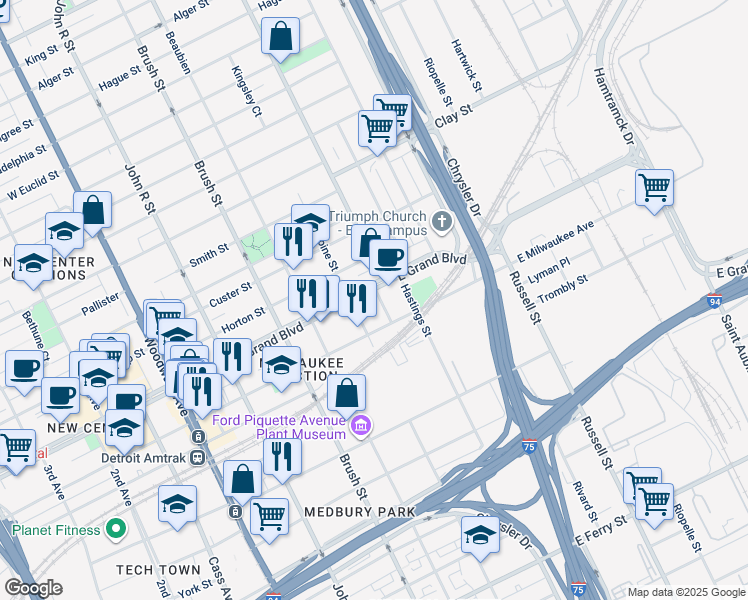 map of restaurants, bars, coffee shops, grocery stores, and more near 2841 East Grand Boulevard in Detroit