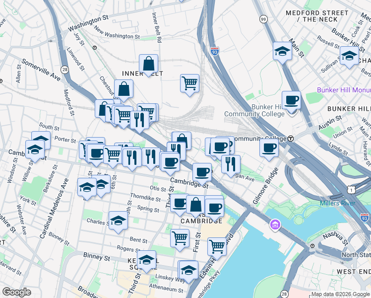map of restaurants, bars, coffee shops, grocery stores, and more near 191R Monsignor O'Brien Highway in Cambridge
