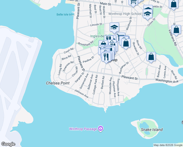 map of restaurants, bars, coffee shops, grocery stores, and more near 225 Pleasant Street in Winthrop