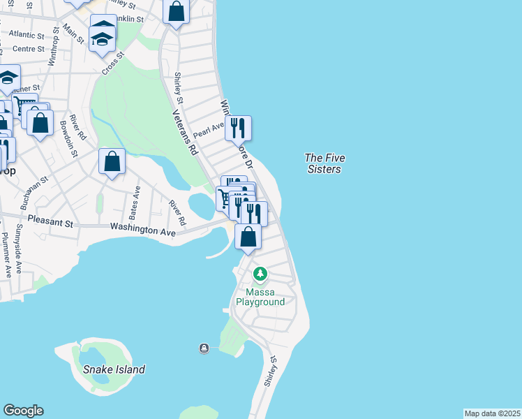 map of restaurants, bars, coffee shops, grocery stores, and more near 70 Winthrop Shore Drive in Winthrop