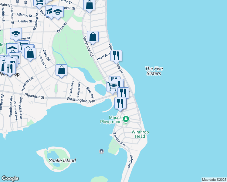 map of restaurants, bars, coffee shops, grocery stores, and more near 18 Irwin Street in Winthrop