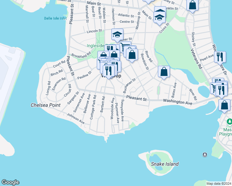 map of restaurants, bars, coffee shops, grocery stores, and more near 97 Woodside Avenue in Winthrop
