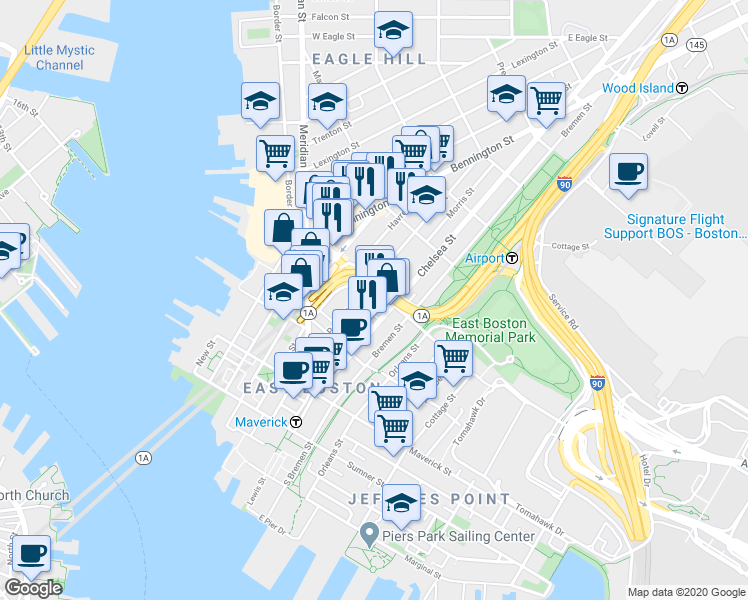map of restaurants, bars, coffee shops, grocery stores, and more near in Boston