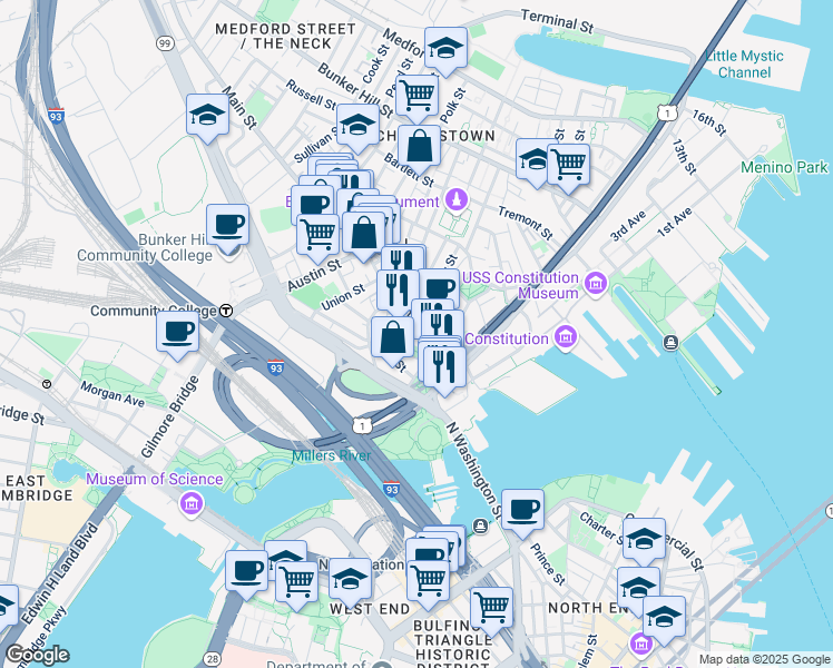 map of restaurants, bars, coffee shops, grocery stores, and more near 67 Main Street in Boston