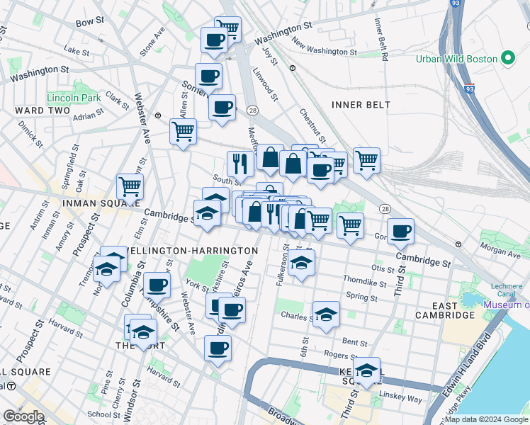 map of restaurants, bars, coffee shops, grocery stores, and more near 5 Porter Street in Cambridge