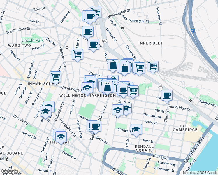 map of restaurants, bars, coffee shops, grocery stores, and more near 5 Porter Street in Cambridge