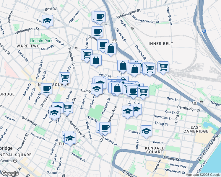 map of restaurants, bars, coffee shops, grocery stores, and more near 52 Porter Street in Cambridge