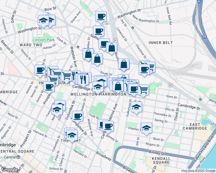 map of restaurants, bars, coffee shops, grocery stores, and more near 21 Hunting Street in Cambridge