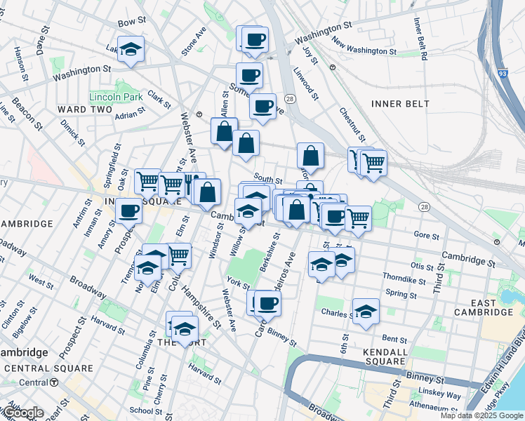 map of restaurants, bars, coffee shops, grocery stores, and more near 21 Hunting Street in Cambridge