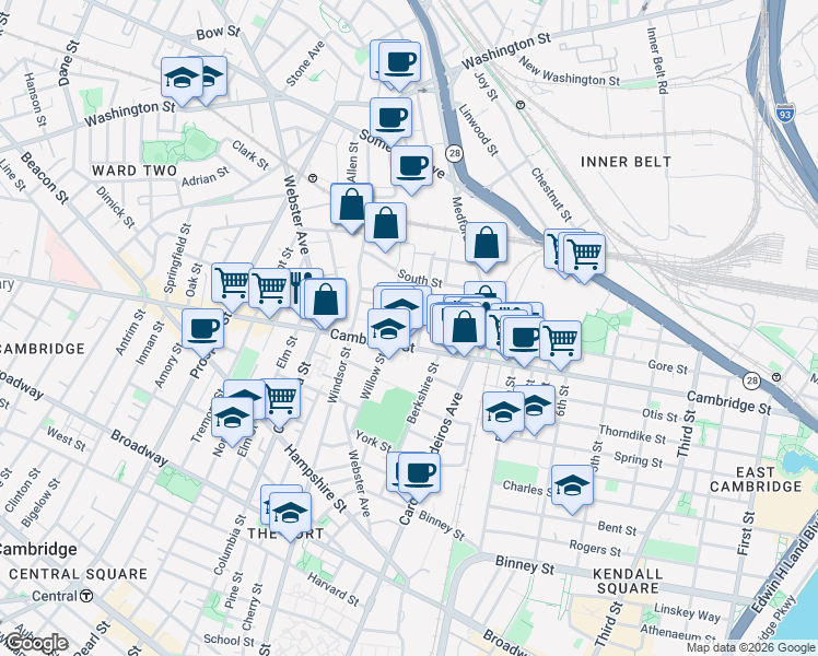 map of restaurants, bars, coffee shops, grocery stores, and more near 21 Hunting Street in Cambridge