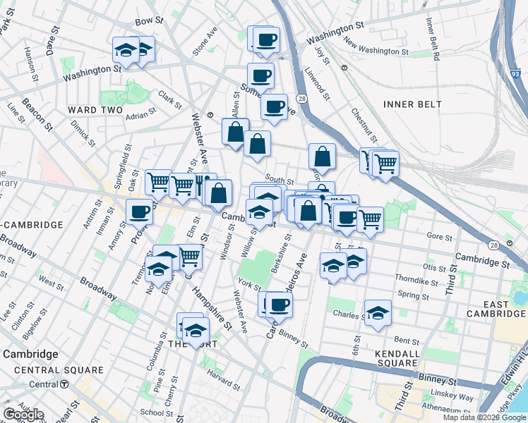 map of restaurants, bars, coffee shops, grocery stores, and more near 21 Hunting Street in Cambridge