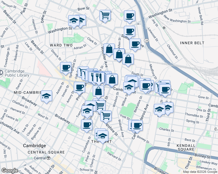 map of restaurants, bars, coffee shops, grocery stores, and more near 432 Columbia Street in Cambridge