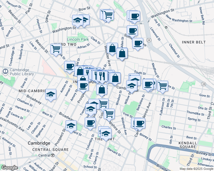 map of restaurants, bars, coffee shops, grocery stores, and more near 299 Elm Street in Cambridge