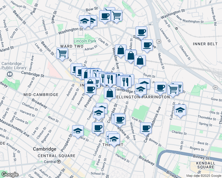 map of restaurants, bars, coffee shops, grocery stores, and more near 299 Elm Street in Cambridge