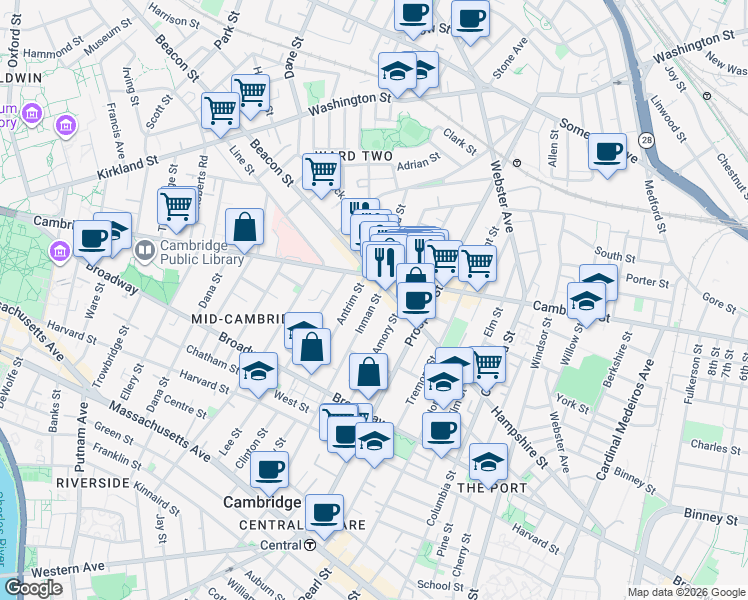 map of restaurants, bars, coffee shops, grocery stores, and more near 139 Antrim Street in Cambridge