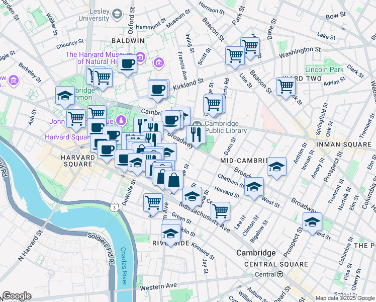 map of restaurants, bars, coffee shops, grocery stores, and more near 459 Broadway in Cambridge