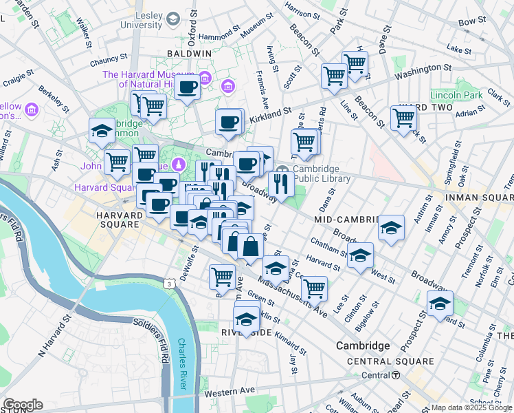 map of restaurants, bars, coffee shops, grocery stores, and more near 459 Broadway in Cambridge