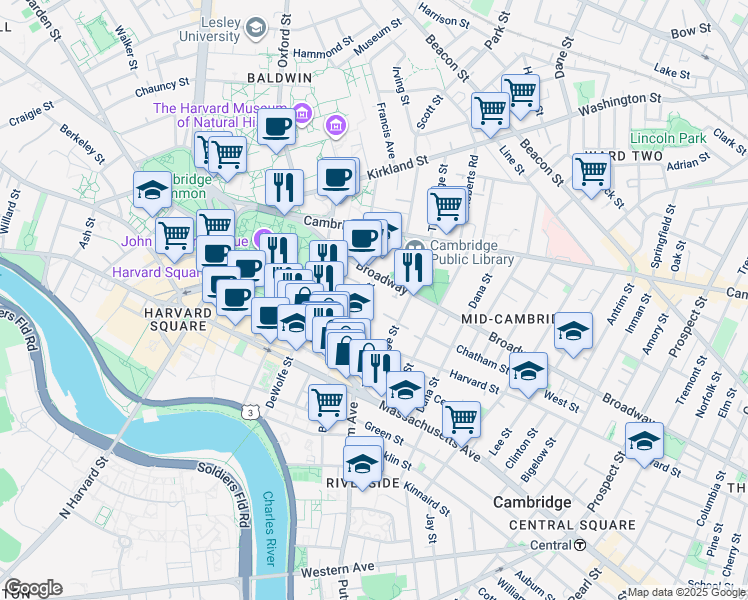 map of restaurants, bars, coffee shops, grocery stores, and more near 459 Broadway in Cambridge