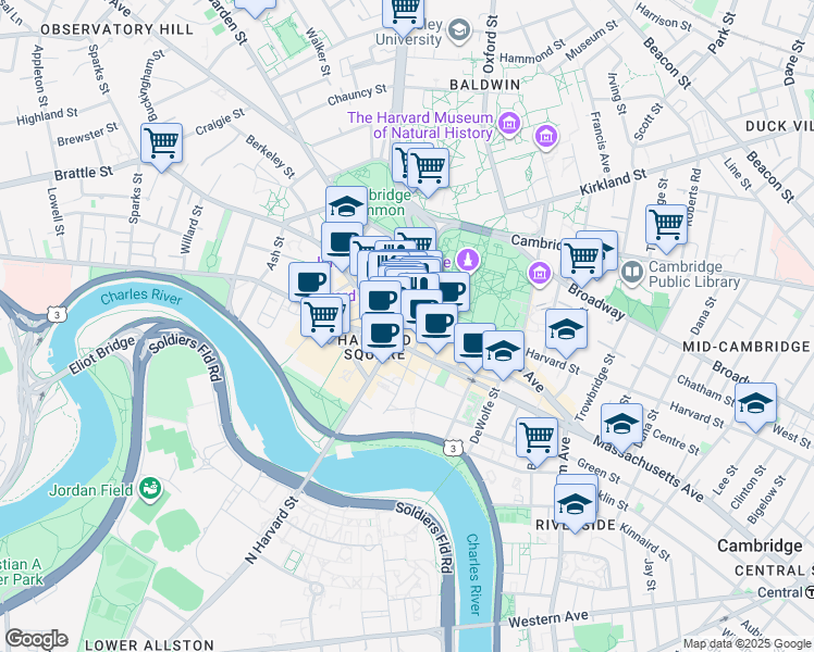 map of restaurants, bars, coffee shops, grocery stores, and more near 4 Brattle Square in Cambridge
