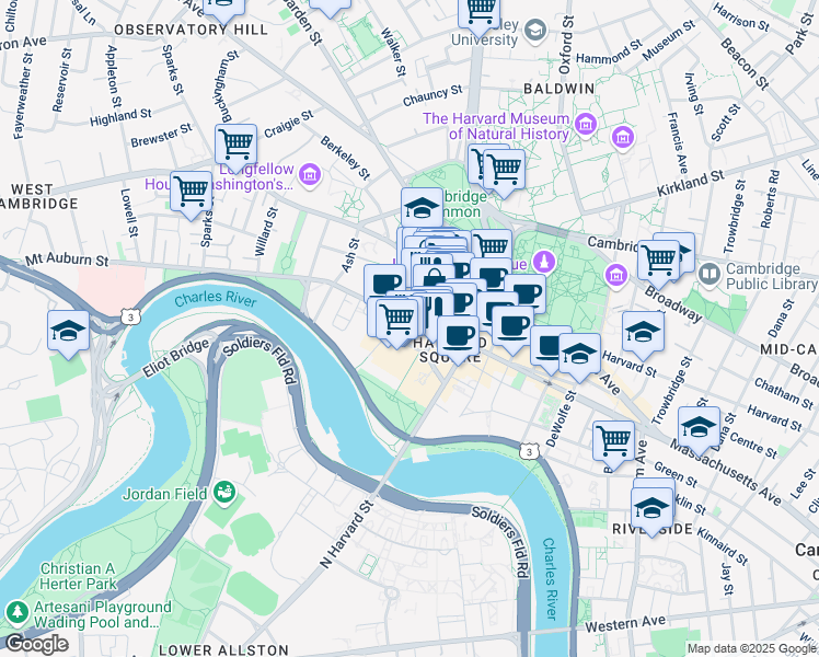 map of restaurants, bars, coffee shops, grocery stores, and more near 1 Mifflin Place in Cambridge