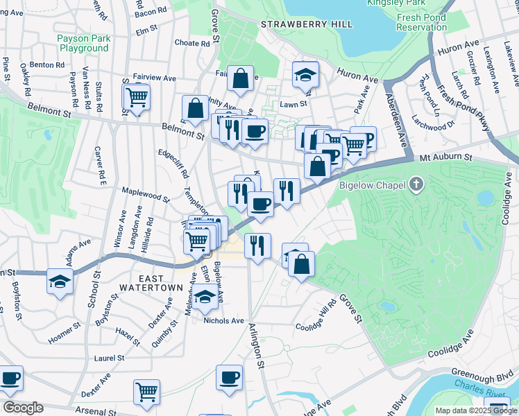 map of restaurants, bars, coffee shops, grocery stores, and more near 21 Prentiss Street in Watertown