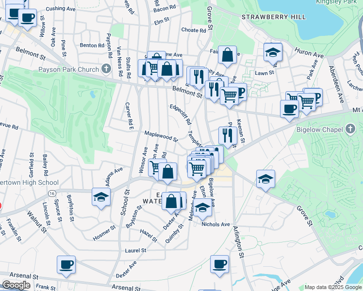 map of restaurants, bars, coffee shops, grocery stores, and more near 17 Edgecliff Road in Watertown