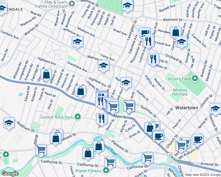 map of restaurants, bars, coffee shops, grocery stores, and more near 11 Highland Avenue in Watertown