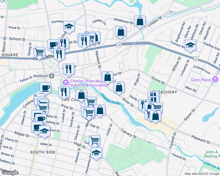 map of restaurants, bars, coffee shops, grocery stores, and more near 309 River Street in Waltham