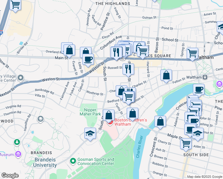 map of restaurants, bars, coffee shops, grocery stores, and more near 5 Charles Street Avenue in Waltham
