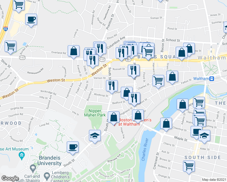 map of restaurants, bars, coffee shops, grocery stores, and more near in Waltham