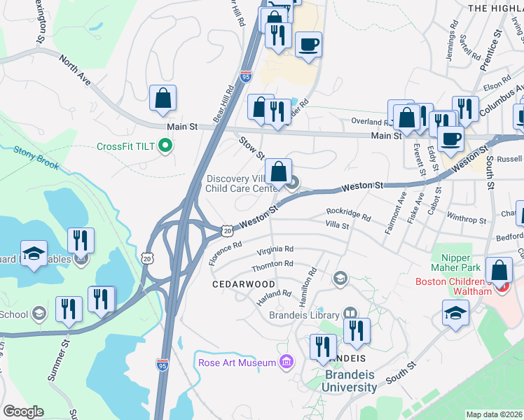 map of restaurants, bars, coffee shops, grocery stores, and more near 33 Tavern Road in Waltham