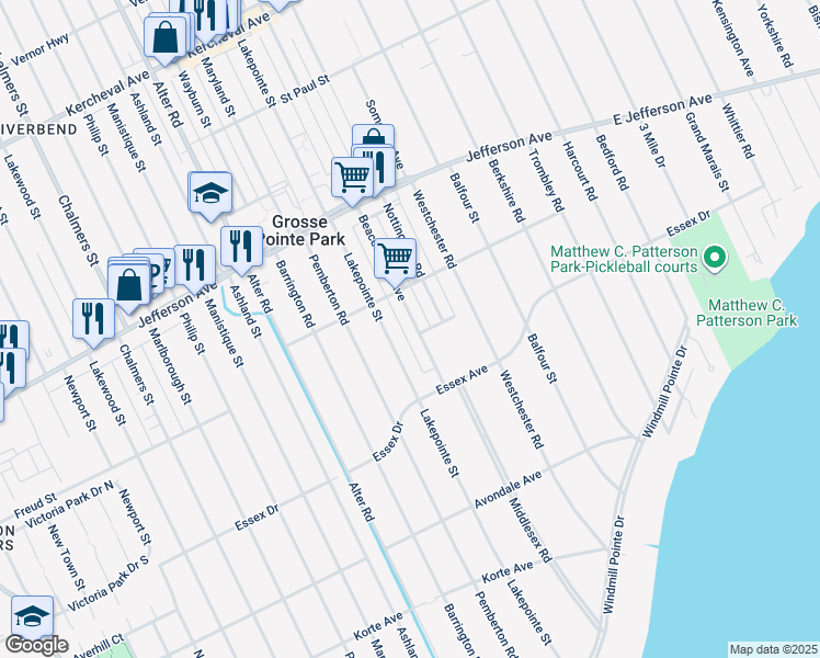 map of restaurants, bars, coffee shops, grocery stores, and more near 879 Beaconsfield Avenue in Grosse Pointe Park