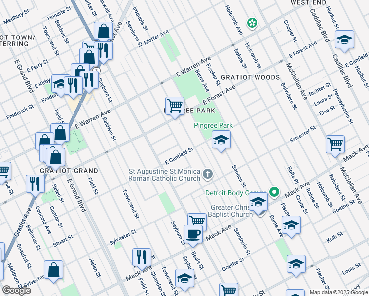 map of restaurants, bars, coffee shops, grocery stores, and more near 4435 Seminole Street in Detroit
