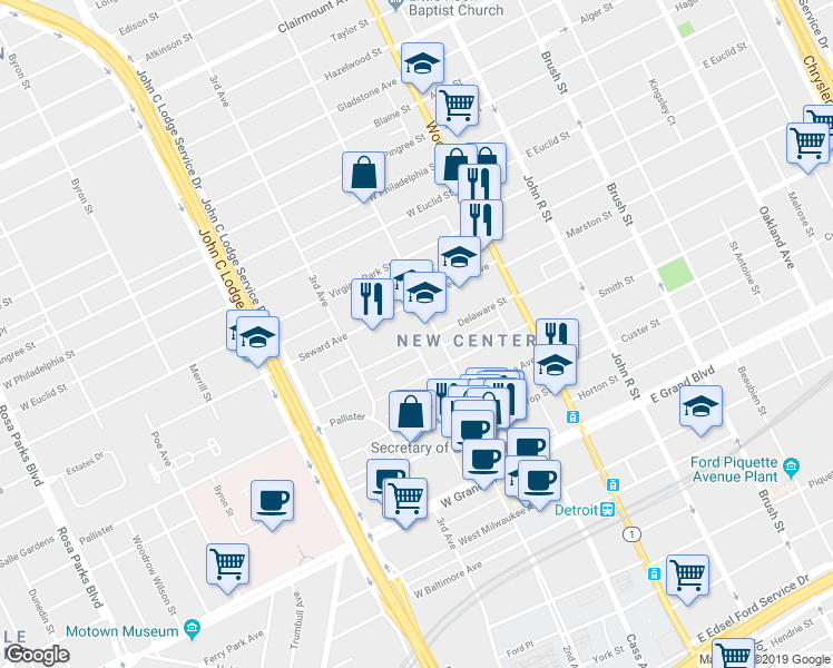 map of restaurants, bars, coffee shops, grocery stores, and more near 8010 2nd Avenue in Detroit