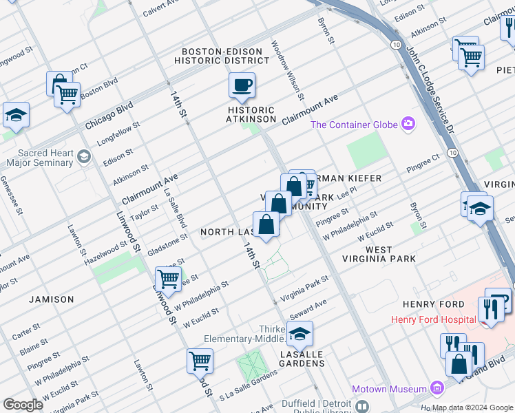 map of restaurants, bars, coffee shops, grocery stores, and more near 2012 Gladstone Street in Detroit