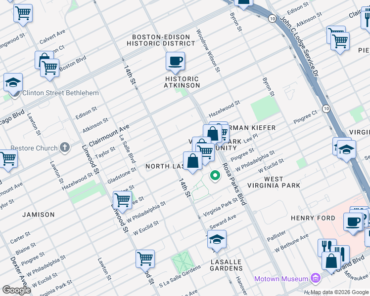 map of restaurants, bars, coffee shops, grocery stores, and more near 2012 Gladstone Street in Detroit