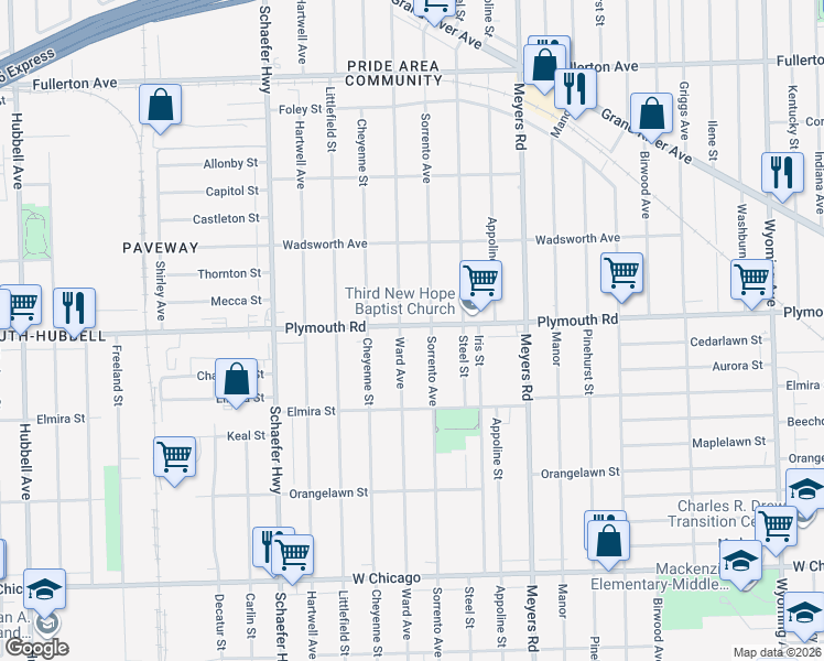 map of restaurants, bars, coffee shops, grocery stores, and more near 13000 Plymouth Road in Detroit
