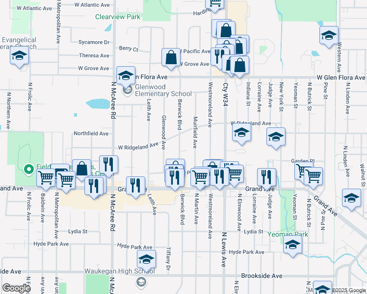 map of restaurants, bars, coffee shops, grocery stores, and more near 943 Berwick Boulevard in Waukegan