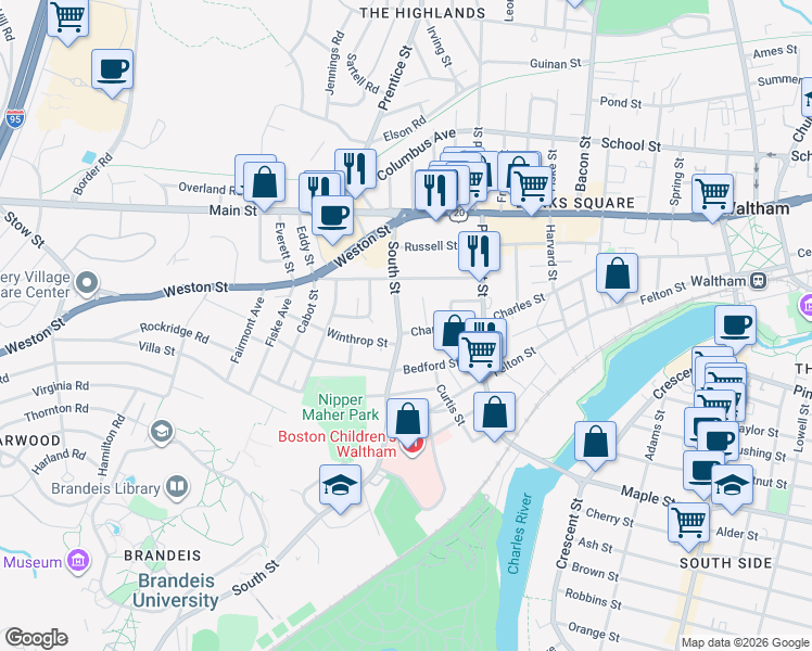 map of restaurants, bars, coffee shops, grocery stores, and more near in Waltham