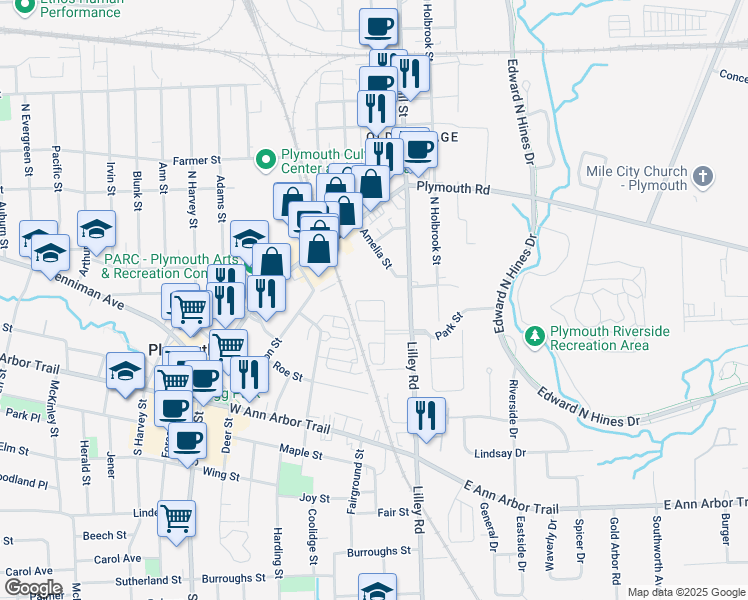 map of restaurants, bars, coffee shops, grocery stores, and more near 222 North Sydney Court in Plymouth