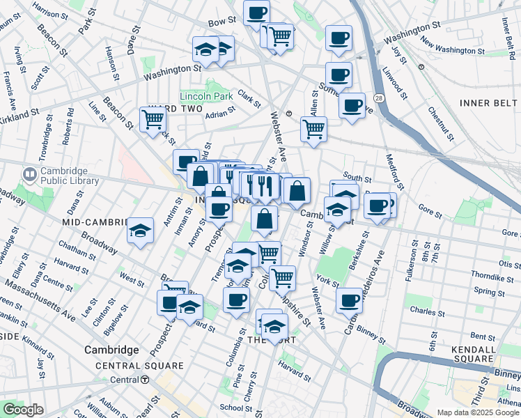 map of restaurants, bars, coffee shops, grocery stores, and more near 1146 Cambridge Street in Cambridge