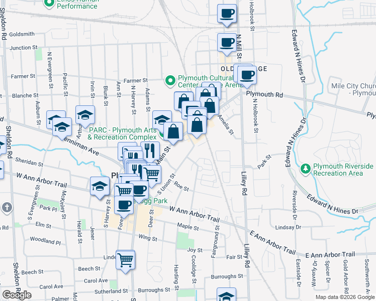map of restaurants, bars, coffee shops, grocery stores, and more near 120 South Union Street in Plymouth
