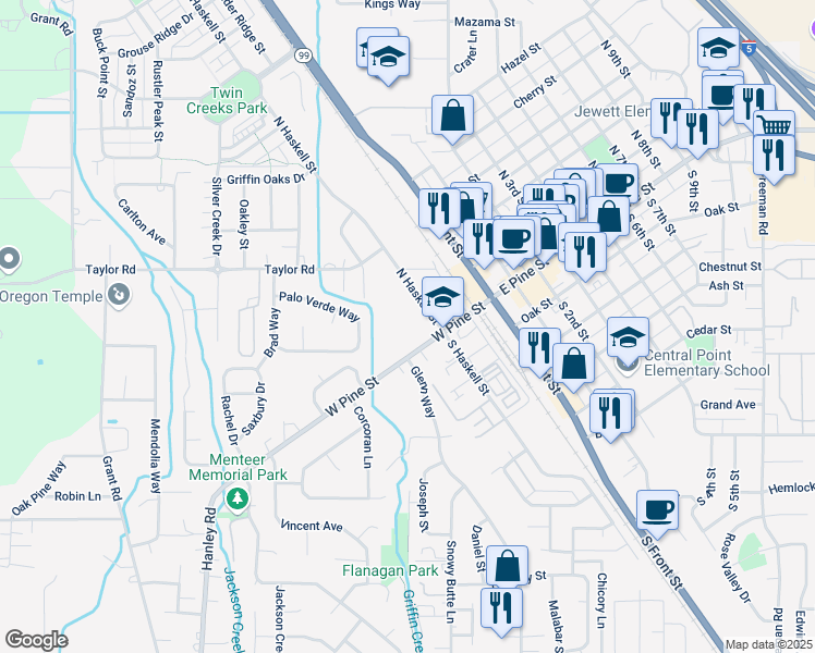 map of restaurants, bars, coffee shops, grocery stores, and more near 200 West Pine Street in Central Point