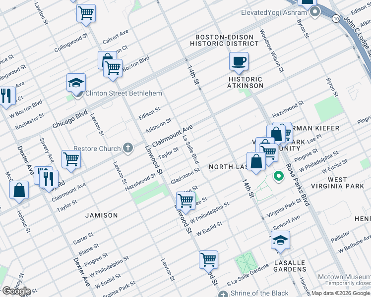 map of restaurants, bars, coffee shops, grocery stores, and more near 9000 La Salle Boulevard in Detroit